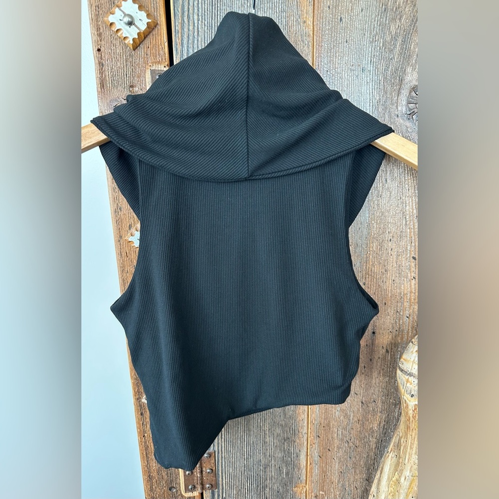 Naked Wardrobe Ribbed Sleeveless Cowl Neck Asymmetrical Crop Top in Black - Picture 8 of 15